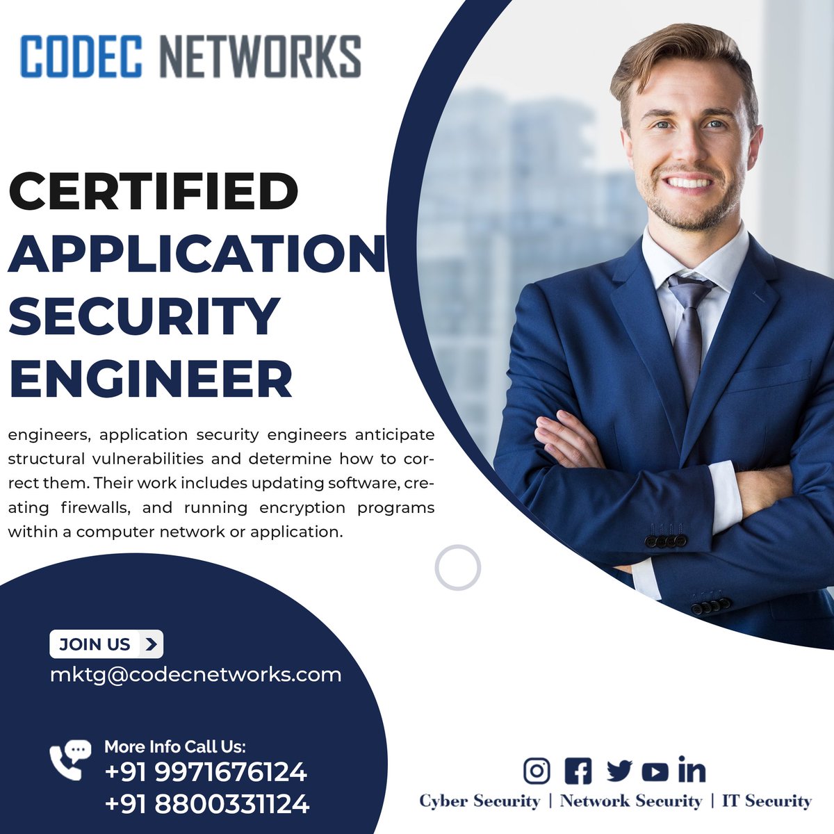 Codec_Networks's tweet image. Engineers who specialize in application security aid in the Secure SDLC process. Based on well-known security standards, they utilize secure #ApplicationDesign & architectural solutions.
#CASETraining codecnetworks.com/delhi/CASE-Cer…
#CASECertification #CASE #ITTraining #ITCertification