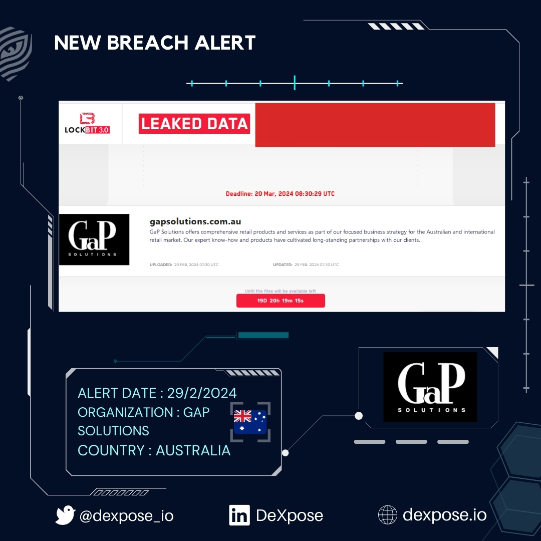 🚨 Security Breach Alert 🚨

GaP Solutions targeted by LockBit Ransomware. Alleged data publication scheduled for March 20, 2024.

Stay vigilant and reinforce cybersecurity measures.

#GaPSolutions #LockBitRansomware #Cybersecurity #DataBreach #ThreatAlert 🛡️🔒