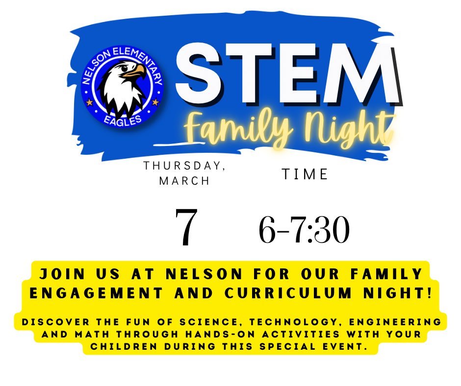 ONE WEEK FROM TODAY!
Join us for a night of discovery at Nelson Elementary’s Family Engagement &amp; Curriculum Night on Thursday, March 7th, from 6:00 PM to 7:30 PM! 
@hillsboroughsch <a href="/WeAreHAEST/">HAEST</a>