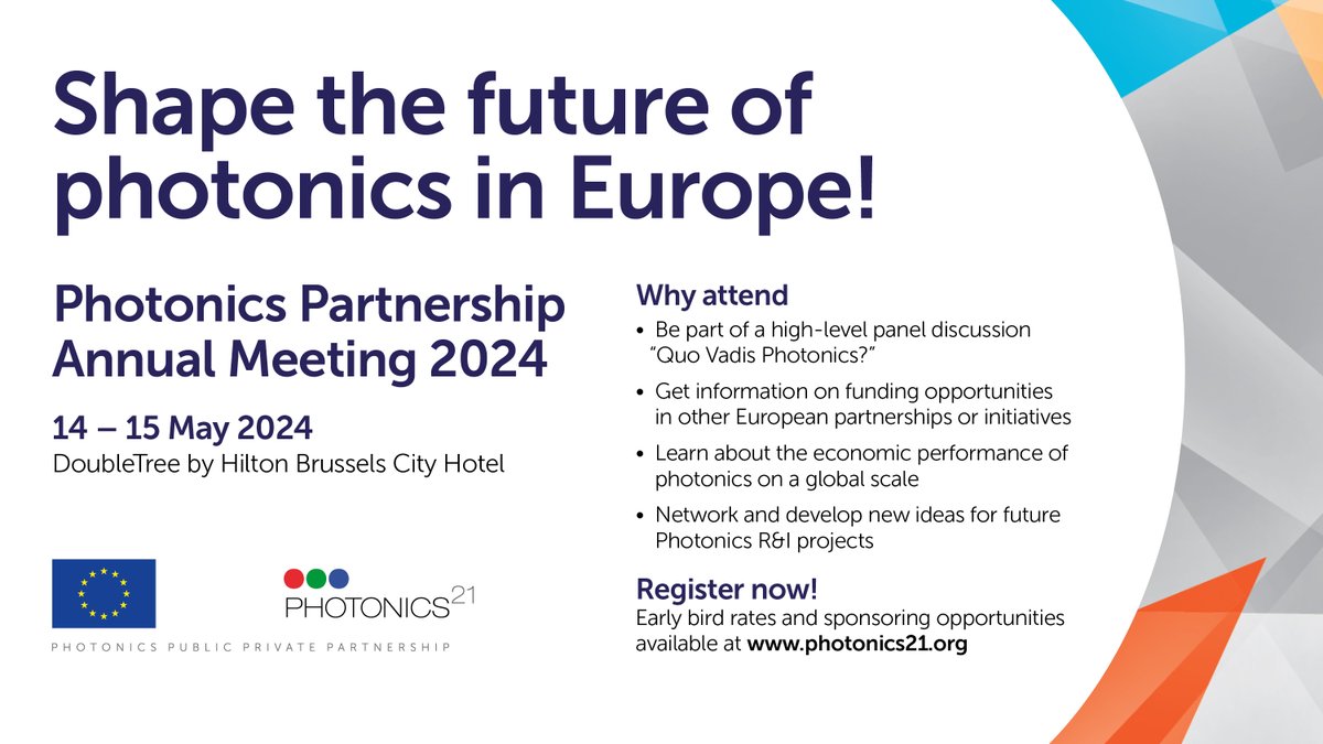 Shape the future of #photonics in Europe at the next #Photonics Partnership Annual Meeting! #PPAM2024📅14&15 May 2024, Brussels, further details & registration link: photonics21.org/events-worksho…