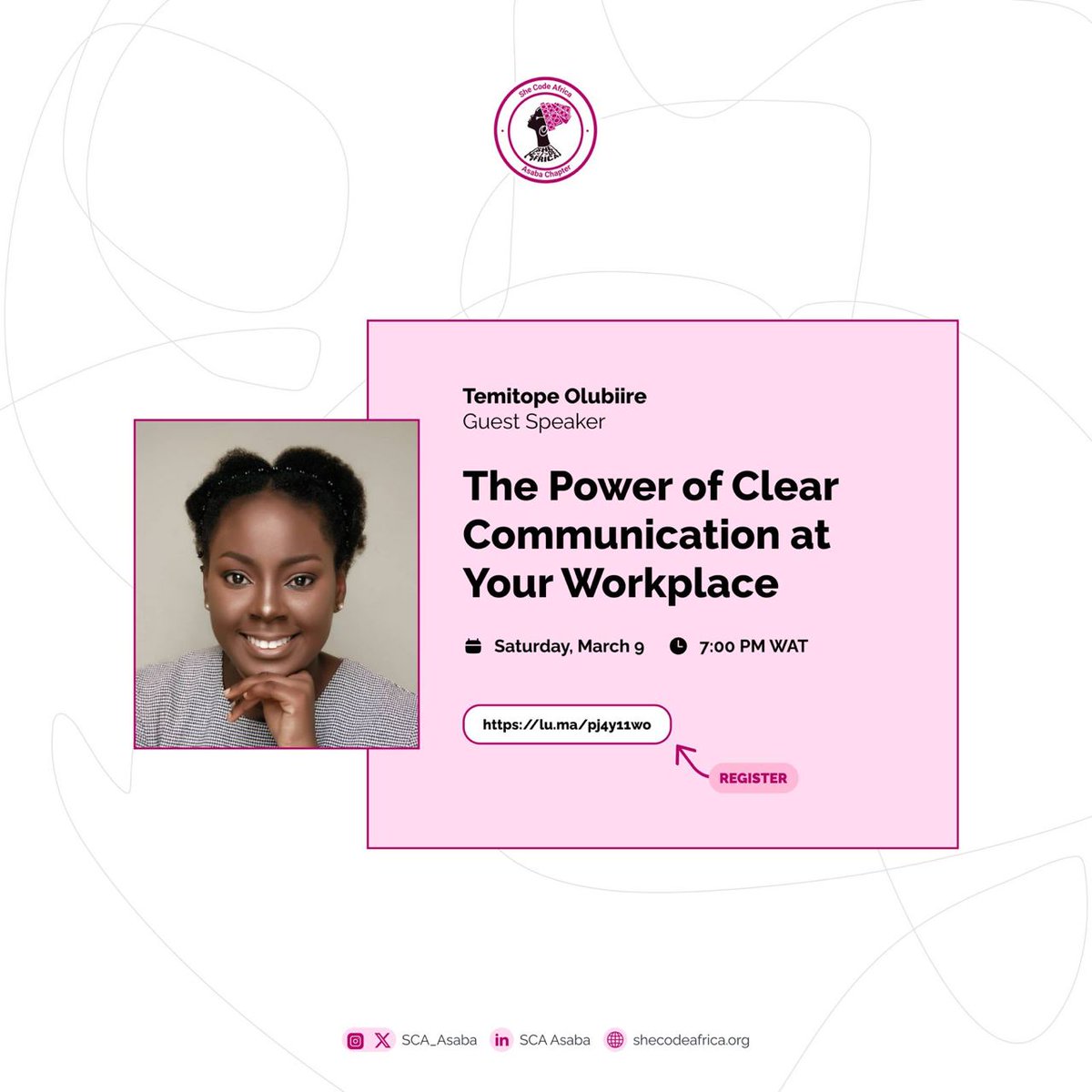 Join us for a workshop designed to help you harness the power of clear communication in your workplace! Our guest speaker, @thesocialtemii, will be sharing amazing strategies on this. Don't miss out on this valuable opportunity! Register today: lu.ma/pj4y11wo