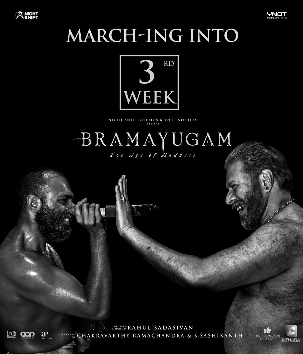 Blockbuster #Bramayugam March-ing into 3rd Week ! #Bramayugam starring @mammukka Written & Directed by @rahul_madking Produced by @chakdyn @sash041075 @allnightshifts @studiosynot @Truthglobalofcl @AanMegaMedia @APIfilms @SureshChandraa @pro_sabari @venupro