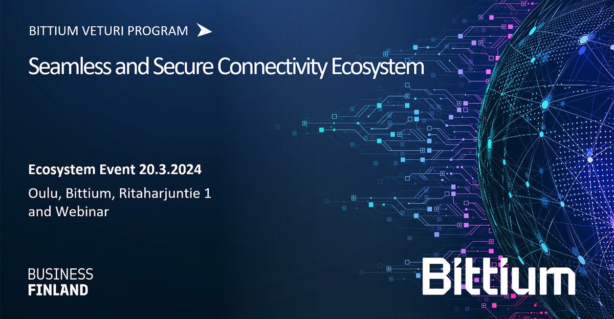 Bittium's tweet photo. #SeamlessSecureConnectivity Ecosystem Event with presentations from #Bittium, @BusinessFinland, @VTTFinland, @uniofjyvaskyla and @UniOulu, will be held in Oulu on March 20.
Join on site or via webinar broadcast.
Registration and event agenda: https://t.co/pWBtUeWK54
#Veturi https://t.co/TcFlu1FTuj