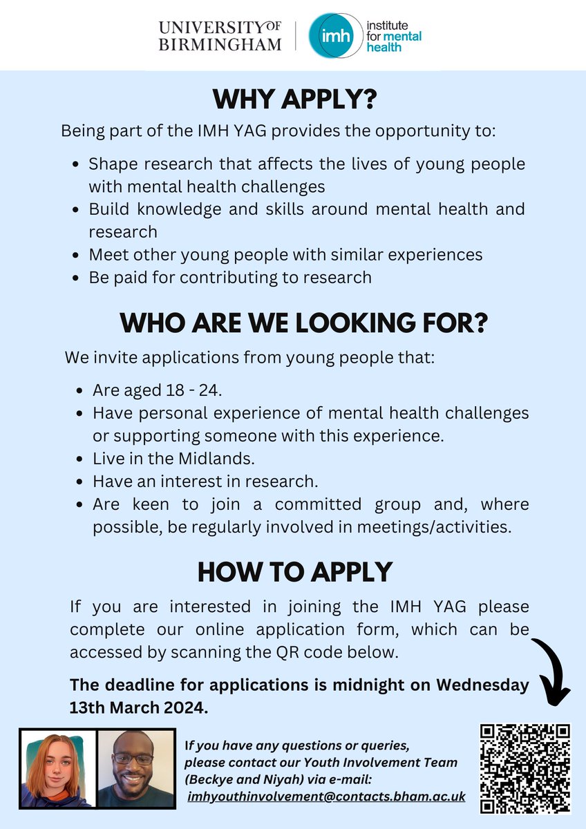 Niyah Campbell (@ncampbellpsych) on Twitter photo To express interest in joining the IMH Youth Advisory Group, please complete the short application form available through the QR code in the poster below or this link: forms.office.com/e/WhukF0Mb2B 👇🏿
Please send any questions to our e-mail imhyouthinvolvement@contacts.bham.ac.uk (2/3) To express interest in joining the IMH Youth Advisory Group, please complete the short application form available through the QR code in the poster below or this link: forms.office.com/e/WhukF0Mb2B 👇🏿
Please send any questions to our e-mail imhyouthinvolvement@contacts.bham.ac.uk (2/3)