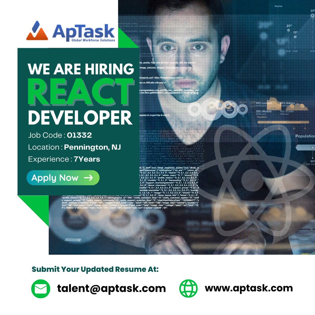 ApTask (@myaptask) on Twitter photo Join us! ApTask is hiring a React Developer with 7 years of experience in Pennington, NJ (Job code: 01332). Submit your resume to Talent@aptask.com and learn more at aptask.com/job-seekers/. #ApTask #Hiring #ReactDeveloper #PenningtonNJ #TechJobs #NowHiring #CareerOpportunity Join us! ApTask is hiring a React Developer with 7 years of experience in Pennington, NJ (Job code: 01332). Submit your resume to Talent@aptask.com and learn more at aptask.com/job-seekers/. #ApTask #Hiring #ReactDeveloper #PenningtonNJ #TechJobs #NowHiring #CareerOpportunity