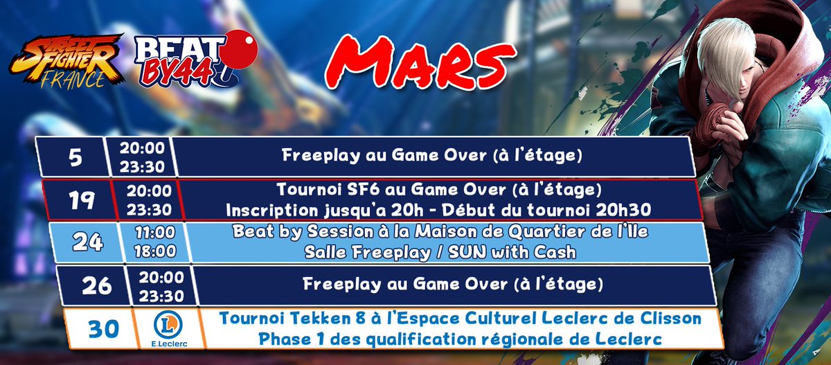Le planning de Mars 2024 est disponible:
- tournois #SF6 les 19 et 24 avec le support de <a href="/Streetfighter_f/">STREET FIGHTER FRANCE</a>. L'armée de #SF6_Ed sera t-elle prête? <a href="/Slicer_FGC/">Slicer</a>  <a href="/Brieuk_R/">Yourself | BB44</a> 👀
- tournoi #TEKKEN8 au <a href="/Leclerc/">E.Leclerc</a> de Clisson comptant pour les qualifications régionales le 30
 - du freeplay