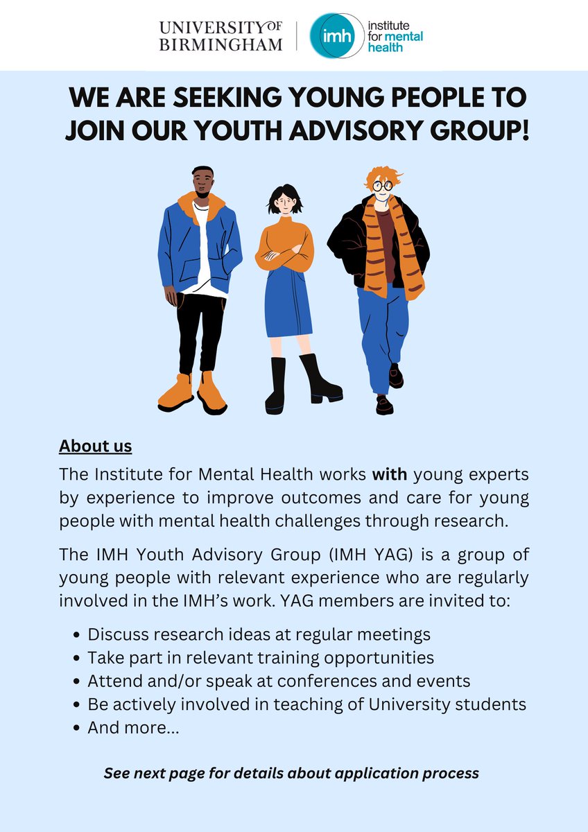 The IMH YAG is a group of young people with lived experience of mental health challenges that have supported the IMH in design and delivery of research, teaching and training (amongst many other things). We are looking for new young people to join our group! 👀 (1/3)