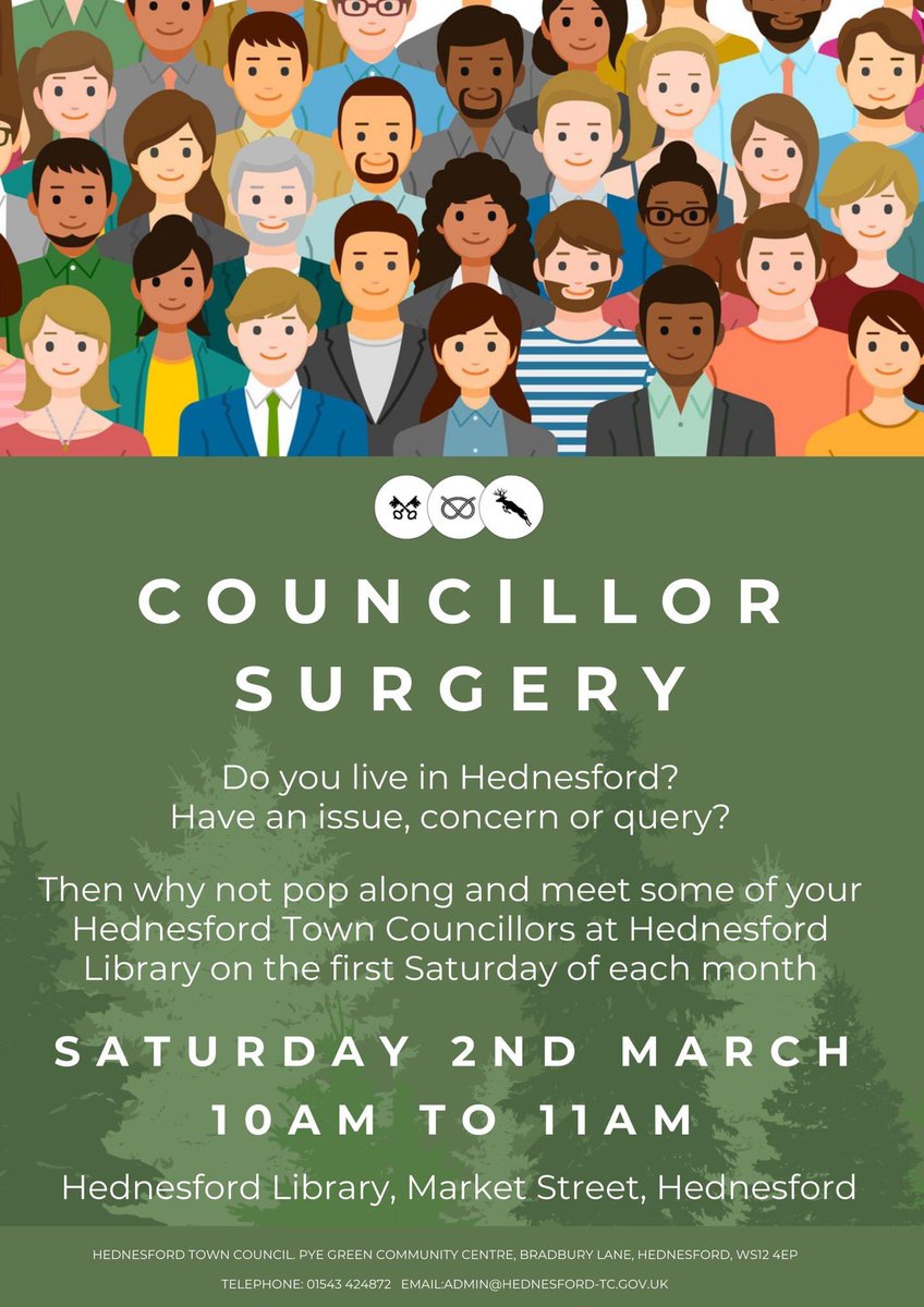 On Saturday 2nd March between 10 and 11am, we’ll be hosting a Councillor Surgery for @HednesfordTC . No need to book an appointment - feel free to pop in.