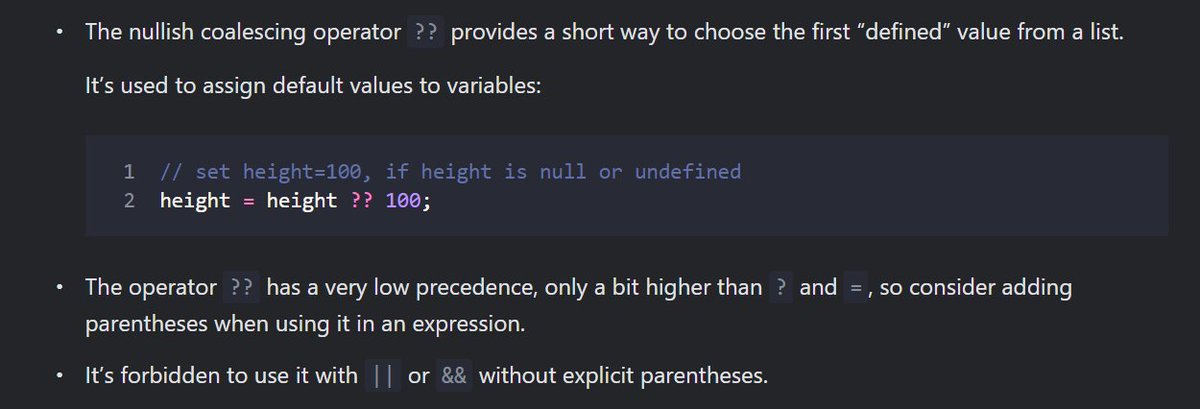 samuel12_tessy's tweet image. Day 10 of #100DaysOfCode 
Today I learnt on the nullish coalescing operator &apos;??&apos;.

Although I don&apos;t really understand it, I know with more practice I will understand it better.

#100daysofJavaScript  #100DaysOfCodeChallenge