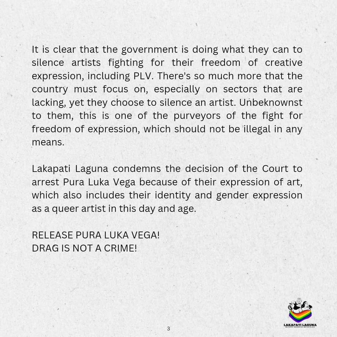 PURA LUKA VEGA'S CASE: ATTACK ON FREEDOM, THE ARTS, AND THE PEOPLE

Read Lakapati Laguna's statement on the arrest of drag artist Pura Luka Vega today, February 29.

#DragIsNotACrime