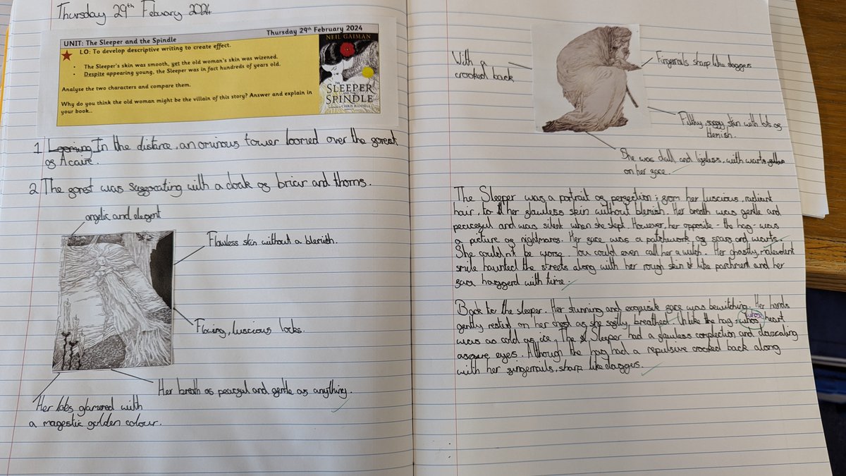 Some more bewitching writing from our unit studying the Sleeper and the Spindle by <a href="/neilhimself/">Neil Gaiman</a> . Today we looked at the Sleeper and the hag in the castle, describing their physical characteristics!