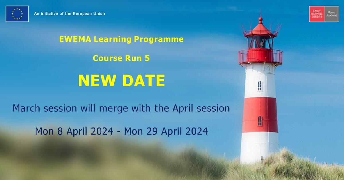 EarlyWarningEU's tweet image. 📢 The #EWEMA #LearningProgramme March session (CR5/R5) will merge with the April session!
 
CR5 NEW DATE:  8 April to 29 April 2024.

Register: lnkd.in/gjTfyBiE

@EEN_EU @Clusters_EU @EYEprogramme @EEPA_EU 
@EU_EISMEA @EU_Growth