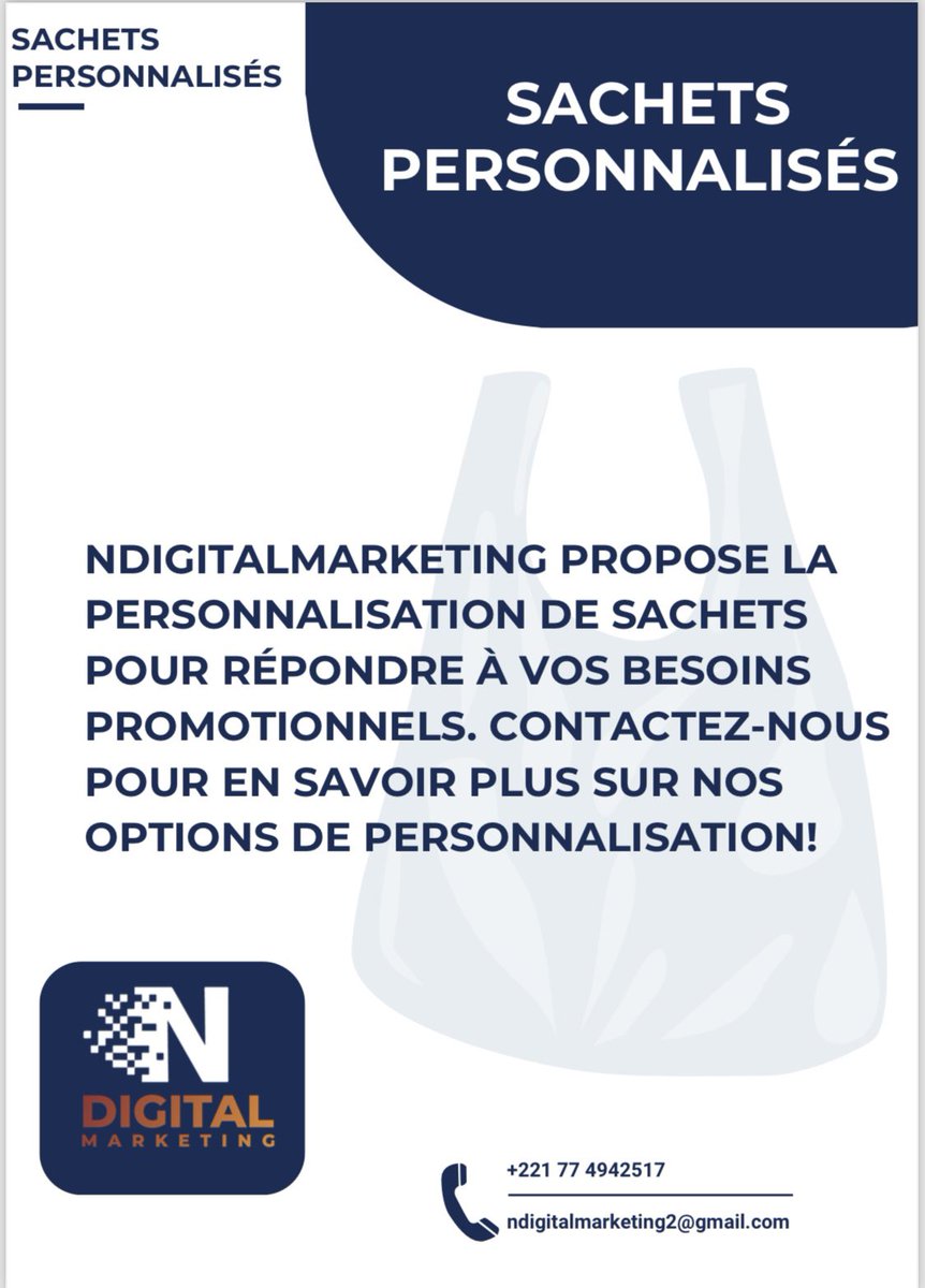 Besoin de cadeaux personnalisés pour vos clients ou événements spéciaux ? L'agence #NDigitalMarketing propose désormais des sachets personnalisés pour répondre à tous vos besoins ! 
+221774942517
ndigitalmarketing2@gmail.com