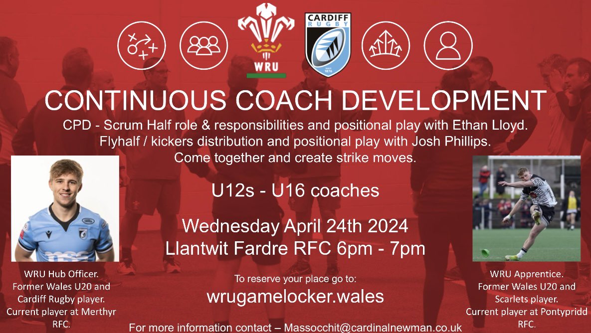 Thomas Massocchi WRU (@wru_thomas) on Twitter photo Big CPD opportunity at <a href="/LlantwitRFC/">Llantwit Fardre RFC</a> I <a href="/Llantwit_MandJ/">Llantwit Fardre RFC Mini & Juniors</a>.
Fantastic opportunity to learn off 2 semi professional rugby players whoโve both been capped at Wales U20s.
Please sign on with this link: wrugamelocker.wales/en/courses/couโฆ
If I need to open up more spaces then I will. ๐ช๐ผ Big CPD opportunity at <a href="/LlantwitRFC/">Llantwit Fardre RFC</a> I <a href="/Llantwit_MandJ/">Llantwit Fardre RFC Mini & Juniors</a>.
Fantastic opportunity to learn off 2 semi professional rugby players whoโve both been capped at Wales U20s.
Please sign on with this link: wrugamelocker.wales/en/courses/couโฆ
If I need to open up more spaces then I will. ๐ช๐ผ