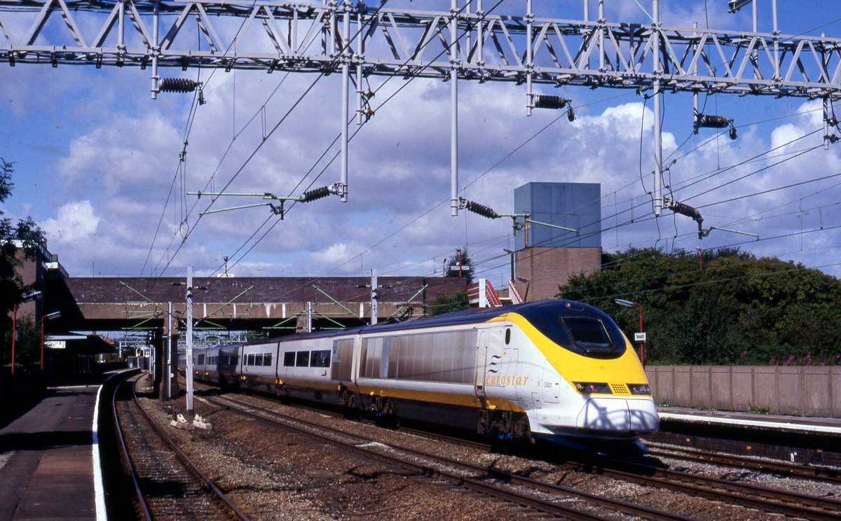 Flashback Friday: What could have been..... Regional Eurostar set No. 3301/2 passes Tamworth LL in April 1996 on a test run from Manchester International depot. Plans for regional trains from north of London were killed off by the rapid growth of budget airlines.