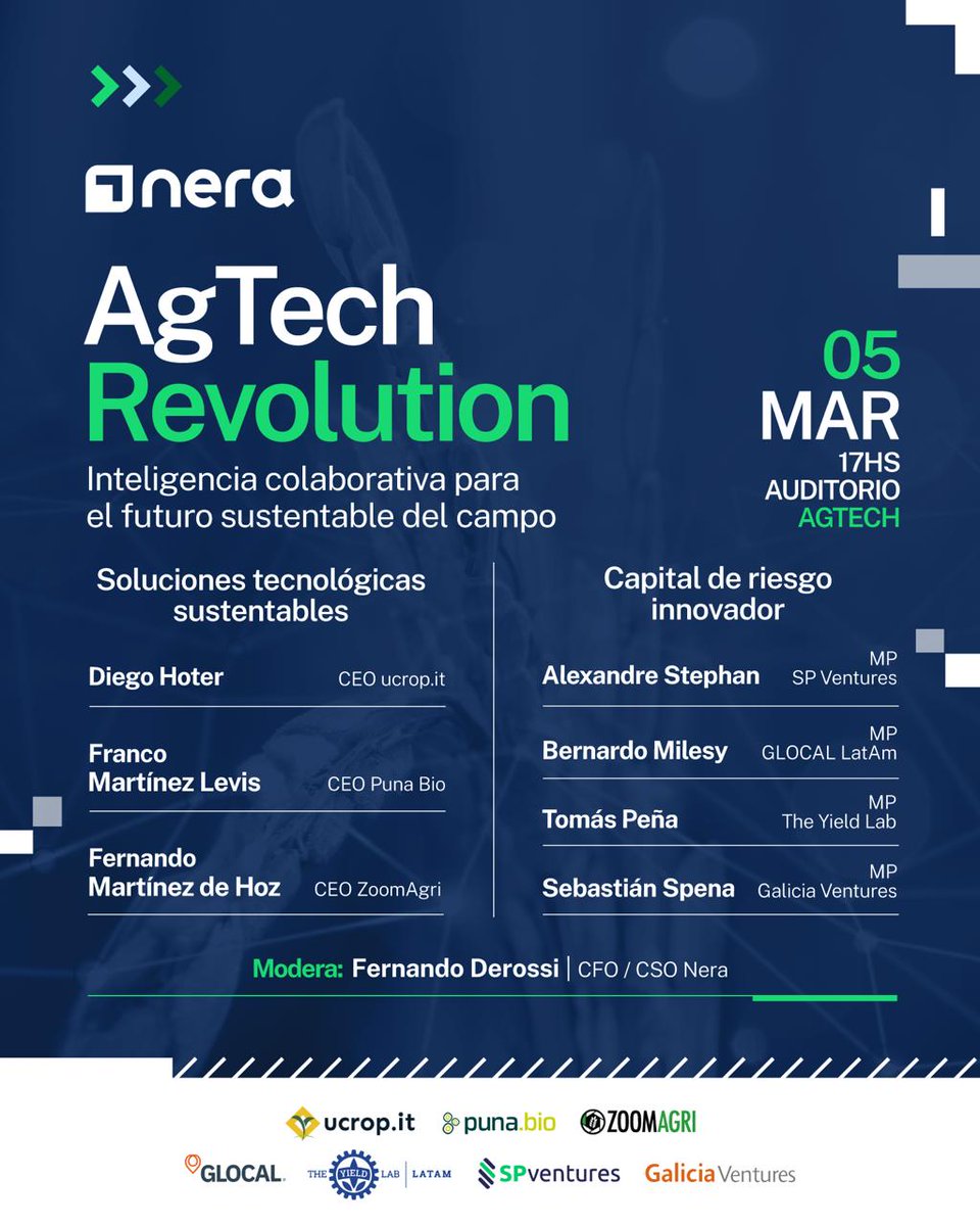 Si vas a estar en Expoagro, no te pierdas la oportunidad de unirte a esta propuesta organizada por Nera. Tecnologías sustentables para el agro y el impacto del capital de riesgo en el sector.🌱💰 ¡Sé parte del cambio en Expoagro! 🚀 Inscribite aquí: forms.gle/CyDiM5vaJNbf4k…