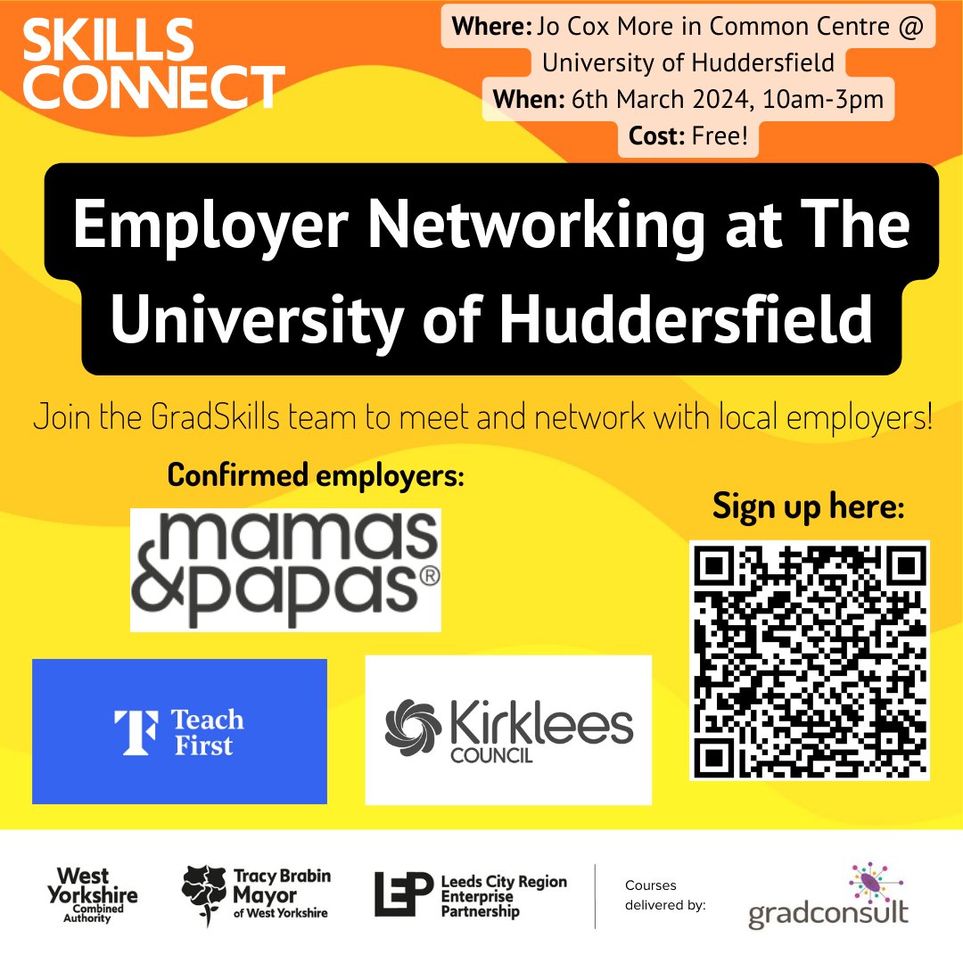 🎓 Attention, @HuddersfieldUni final-year students and graduates! 🎓 

There's still time to join us for our Employer Networking event next week, feat. @mamasandpapas, @TeachFirst, @KirkleesCouncil + more!👇

eventbrite.co.uk/e/gradskills-g…

#GradSkills #Careers #HudGrad #Jobs #Graduates