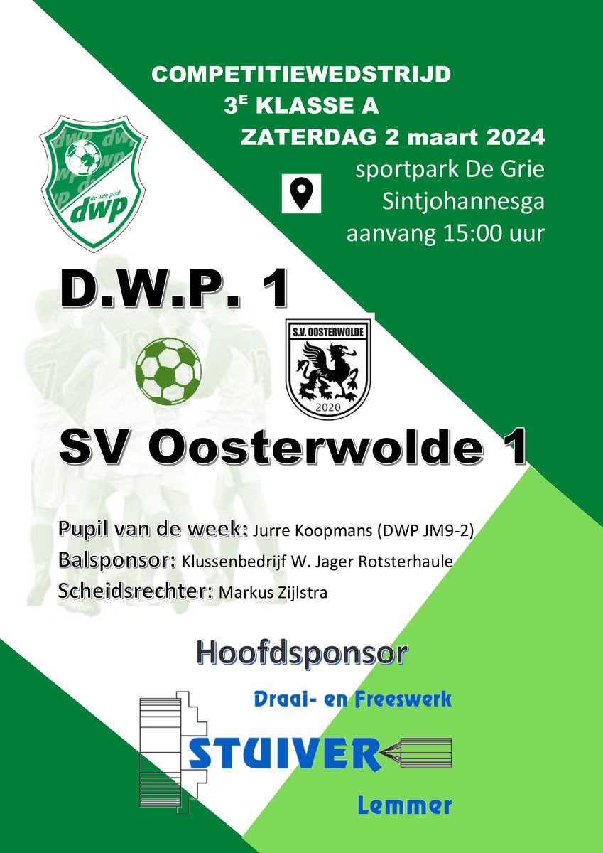 Zaterdag 2 maart 2024, aanvang 15:00 uur <a href="/vvDWP/">vv DWP</a> 1 tegen <a href="/SVOosterwolde/">SV Oosterwolde</a> 1. vvdwp.nl/1/3847/program…