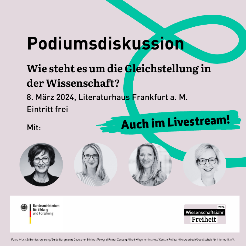 #Freiheit und #Geschlechtergerechtigkeit in der #Wissenschaft - wo stehen wir da? Das diskutieren BM @starkwatzinger, @alena_buyx @ethikrat, Antje Boetius @AWI_de & @ChristineRegitz @informatikradar. 📅 8. März 🕙 10 Uhr 🌐 Livestream: bmbf.de/frauentag @wissimdialog