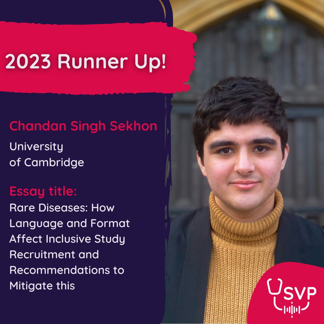 Our runner-up, Chandan Singh Sekhon's essay is now available to read! 

📰Rare Diseases: How Language and Format Affect Inclusive Study Recruitment and Recommendations to Mitigate this

Read here: 👇

ow.ly/hFih50QIJPa