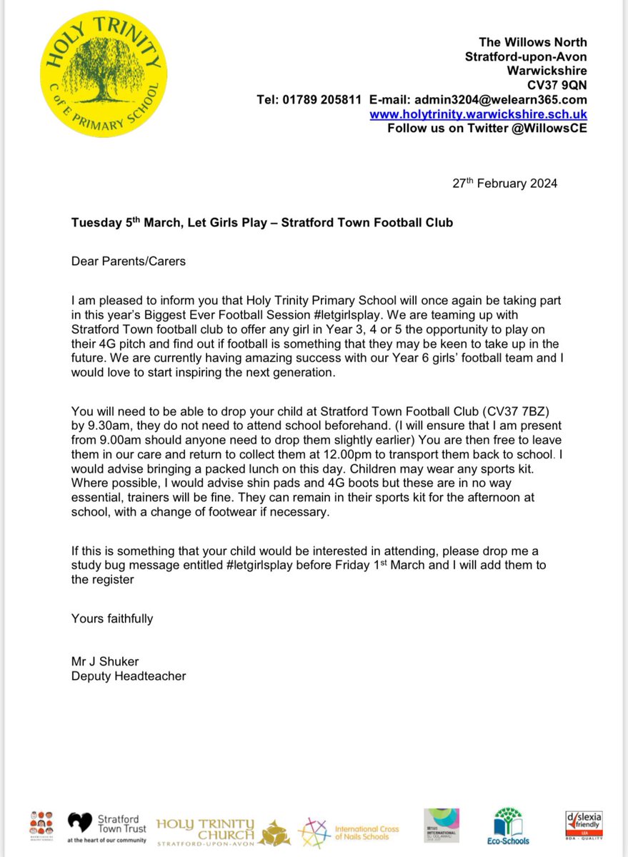 Alligatorsclass's tweet image. GIRLS!
Don’t forget, there’s still time to sign up for #letgirlsplay the biggest EVER football session next Tuesday 5th March! ⚽️
All the details on the letter! 
@WillowsCE