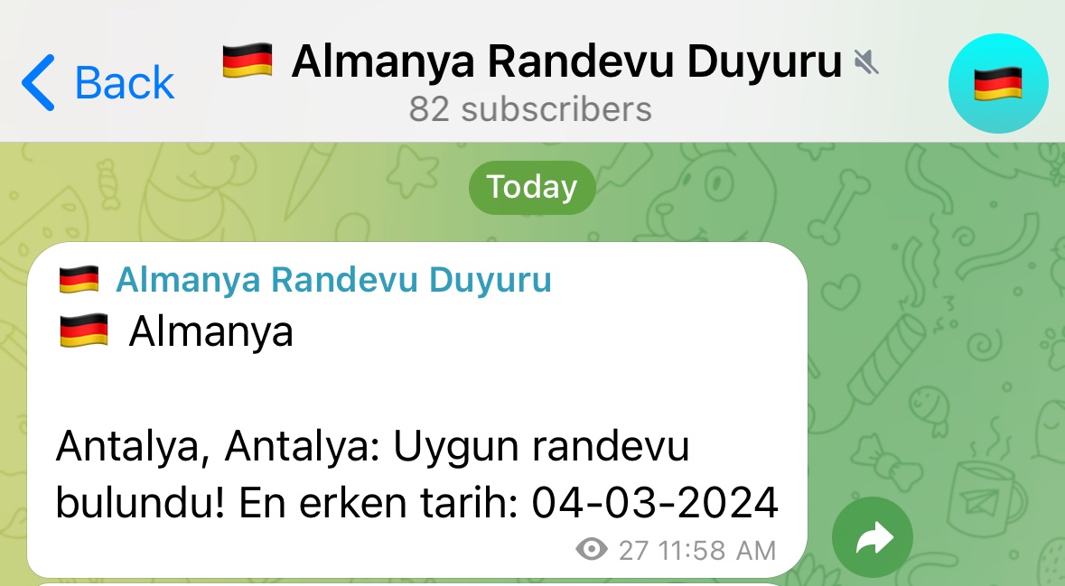 🇩🇪 Almanya Vize Randevularından ilk senin haberin olsun! 

Almanya ve İtalya randevularını 7/24 takip eden ilk ve tek bot’a hemen kayıt ol, geride kalma!

t.me/vize_randevu_d…