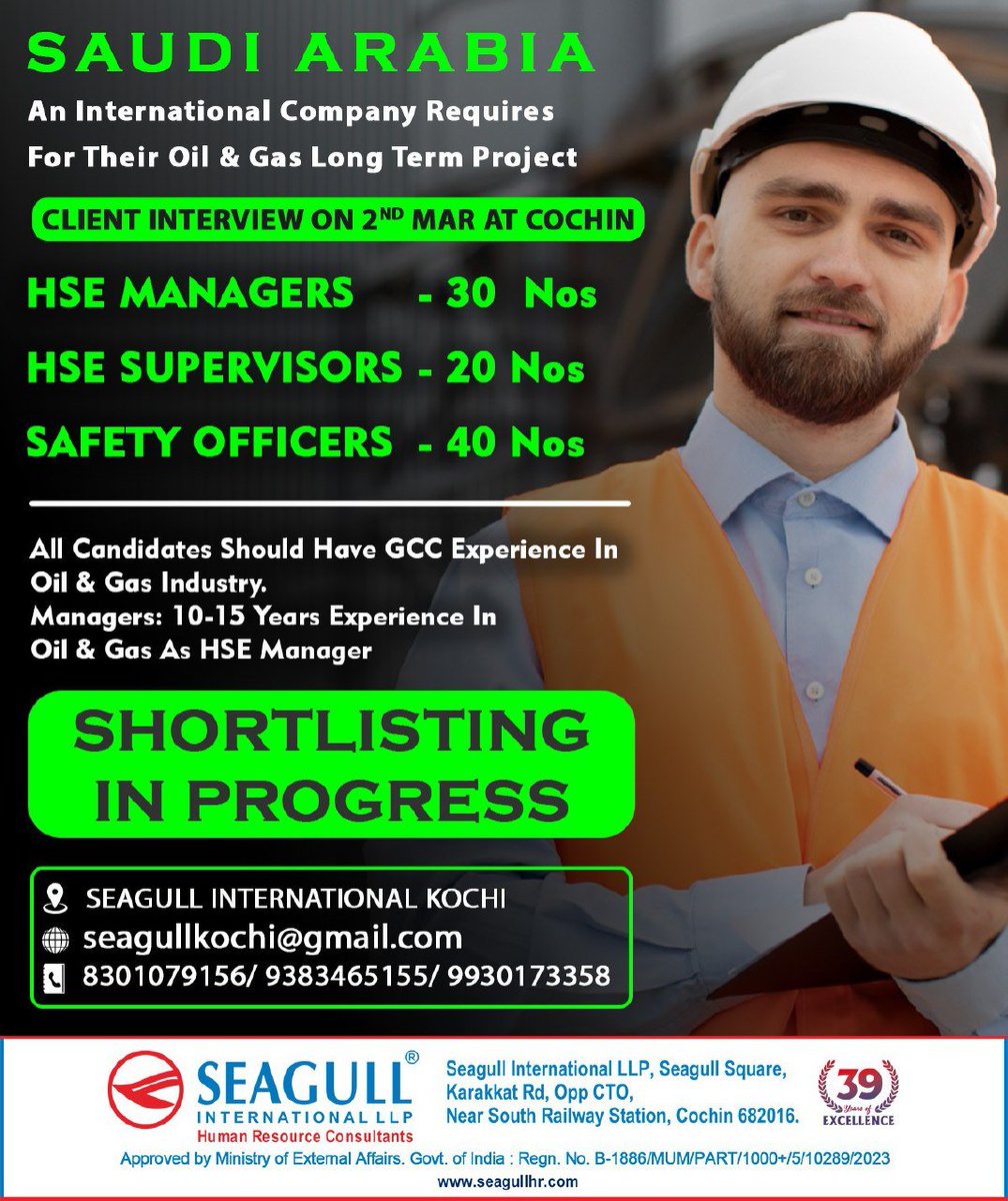 hrd1_seagull's tweet photo. 🇸🇦Saudi Arabia Jobs
💻 Client Interview On 02nd March Cochin
📝Shortlisting In Progress
📍Location - Kochi
.
.
.
#saudiarabiajobs #seagull #hsemanager #hsesupervisor #safetyofficers https://t.co/IqvL6achwv