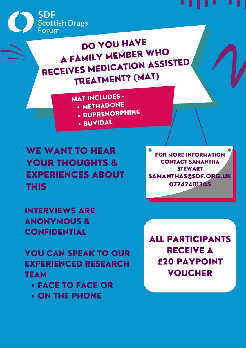 LAST CHANCE for family members in Argyll & Bute, East Dun, Fife & Highlands to share your experience of having a loved one on MAT! To take part, use the right link in the thread before 6 March. Once you've done the survey, contact Samantha to receive your £20 PayPoint voucher!