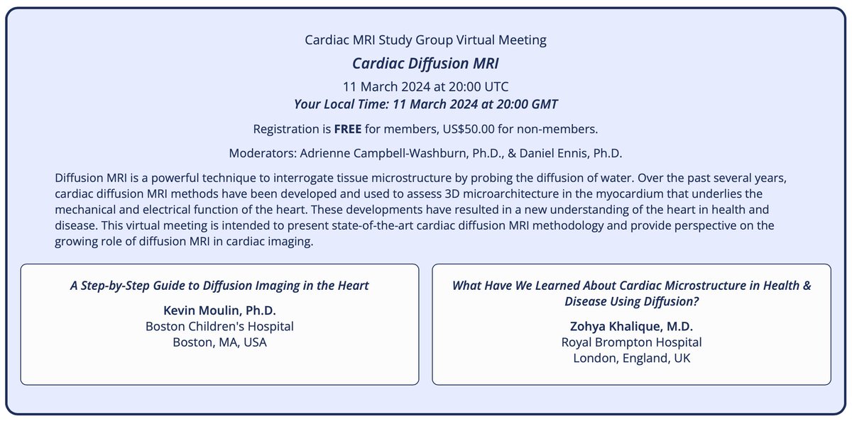 Join us for some interesting discussion on state-of-the-art cardiac MRI diffusion in these two upcoming <a href="/ISMRM/">ISMRM</a> virtual meetings. If you want to hear all about it, register here! ismrm.org/virtual-meetin…