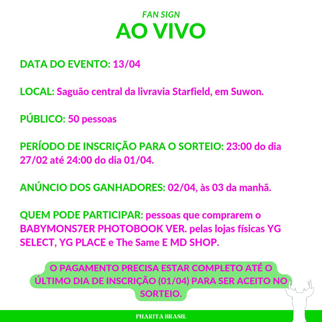 PharitaBrasil's tweet photo. ℹ️ |  PRIMEIROS FANSIGNS! Foi divulgado que o BABYMONSTER terá dois fansigns em abril. O primeiro será ao vivo e acontecerá dia 13/04. O segundo será online e acontecerá dia 27/04. O público será escolhido por meio de um sorteio. Para mais informações, abra as imagens abaixo.

#PHARITA #파리타 #BABYMONSTER @YGBABYMONSTER_
