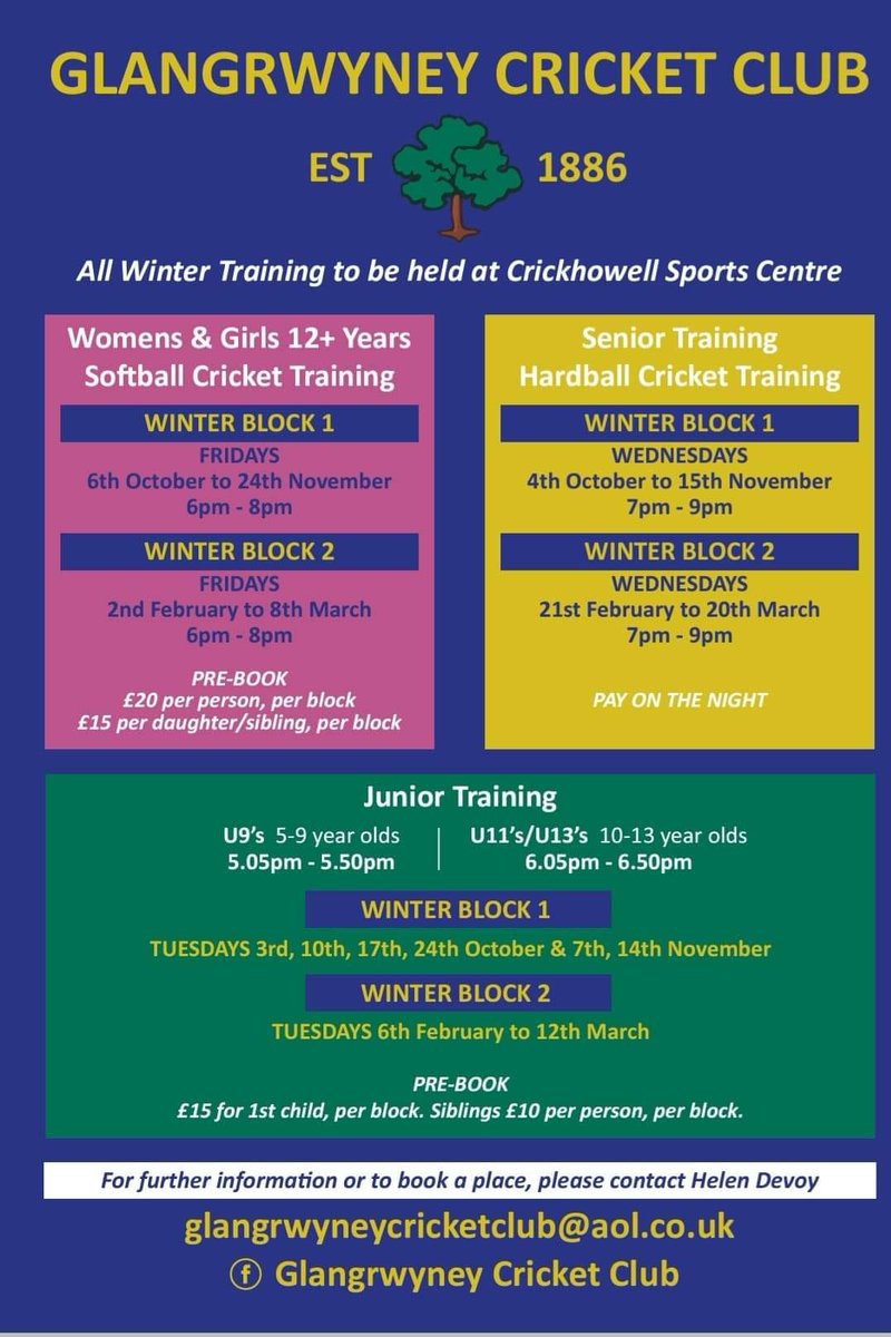 Do you want to try something different? Be part of a team? No experience necessary, just join in and have some fun🏏
Glangrwyney Griffins, Womens and Girls 12yrs + currently train on a Friday night 6-8pm, but will soon move back outside on a Thursday evening
Message for more info