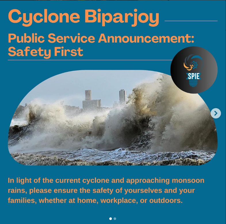 spie_aku's tweet photo. SPIE's Social Media team raised awareness about Cyclone Biparjoy on Instagram, spreading important information to keep everyone safe. #CycloneAwareness 🌪️ 3/24 https://t.co/05DCy3yLGx