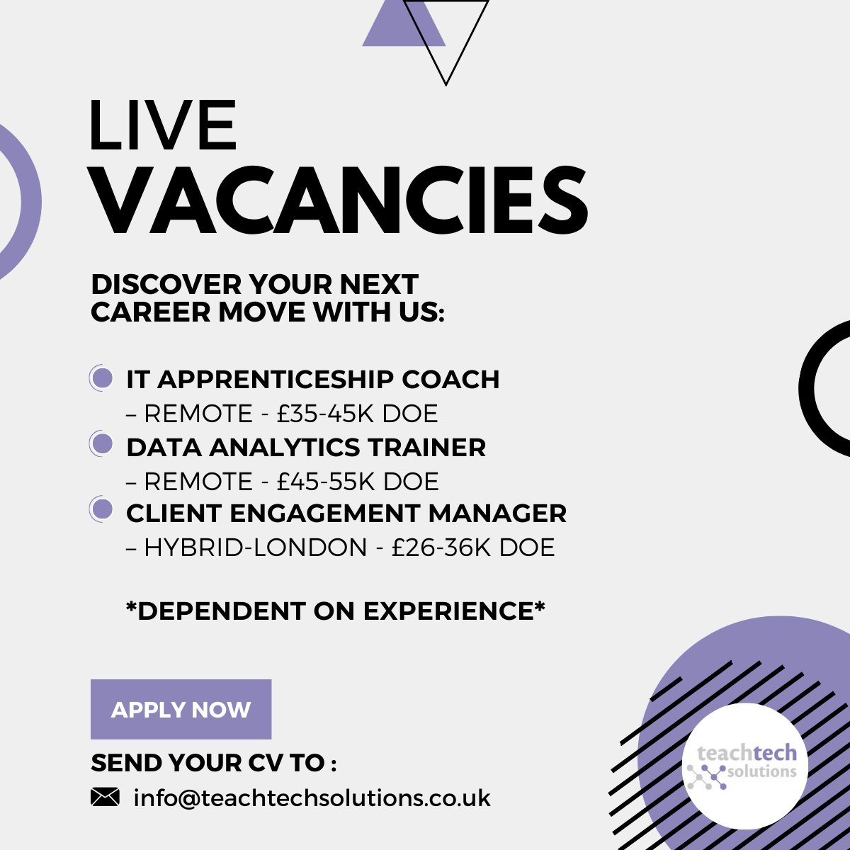 TeachTech Solutions (@teachtech_uk) on Twitter photo Ready to take the next step in your career? Check out our latest live vacancies and apply today 🚀
Contact info@teachtechsolutions.co.uk if you are interested!
#recruiting #hiringnow #ITApprenticeships #ApprenticeshipCoaches #dataanalyst #clientmanager Ready to take the next step in your career? Check out our latest live vacancies and apply today 🚀
Contact info@teachtechsolutions.co.uk if you are interested!
#recruiting #hiringnow #ITApprenticeships #ApprenticeshipCoaches #dataanalyst #clientmanager