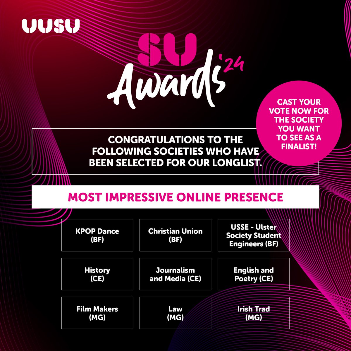 ✨️WE'VE BEEN SELECTED!✨️
This year, we have worked very hard and are delighted to announce that we have been selected for 2 SU Awards: Most Improved Society &amp; Most Impressive Online Presence.
Please share and go vote for us using this link: forms.office.com/pages/response…
