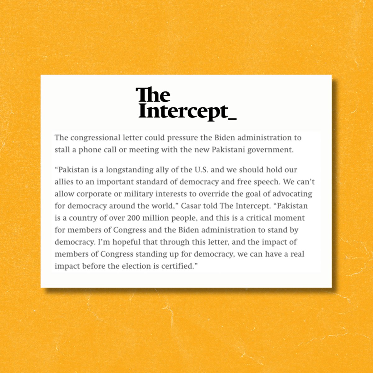 “Pakistan is a country of over 200 million people, and this is a critical moment for members of Congress &amp; the Biden administration to stand by democracy.”

Thanks to @RyanGrim &amp; <a href="/MazMHussain/">Murtaza Hussain</a> for covering our letter to <a href="/POTUS/">President Donald J. Trump</a> from 30+ Members of Congress.
theintercept.com/2024/02/28/con…