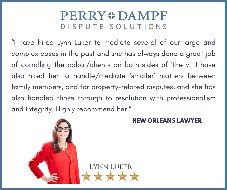 perrydampf's tweet image. We COMPLETELY agree! Lynn Luker is one of the best!

For large complex cases or "smaller" matters, Lynn puts her experience and expertise to work for her clients to get the case settled!

Give us a call to schedule a mediation with Lynn or any of Perry Dampf's other mediators!