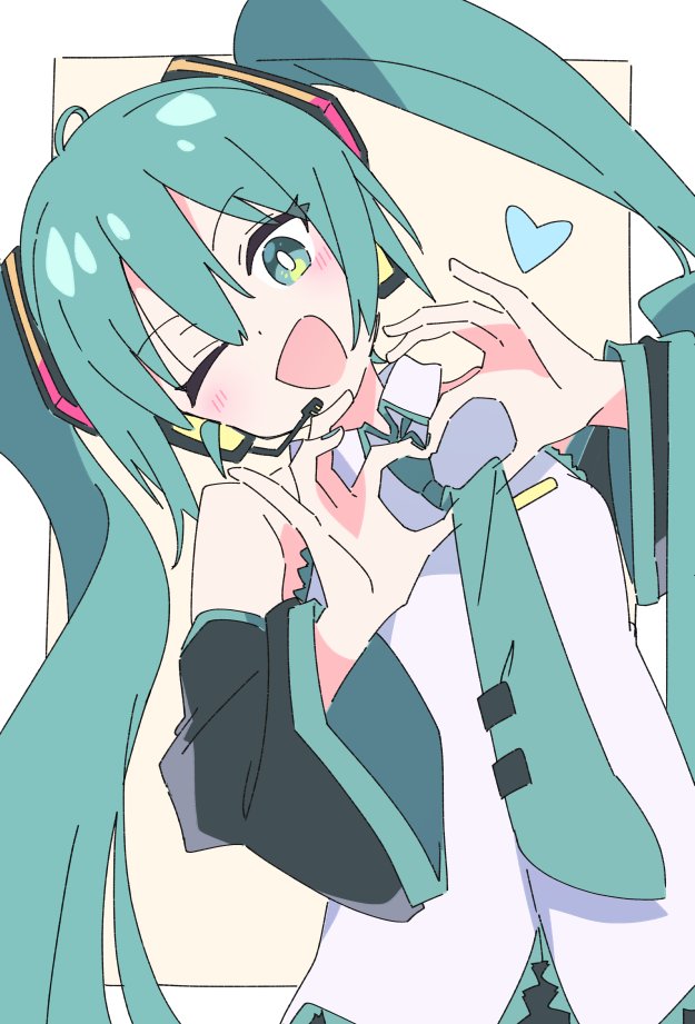 hatsune miku 1girl solo one eye closed twintails long hair heart hands necktie  illustration images