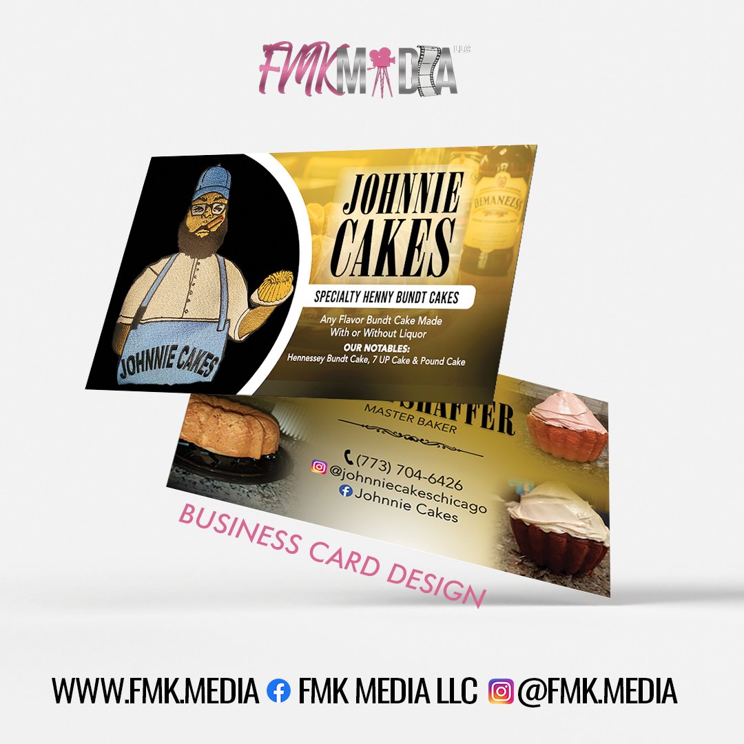 fmkmedia's tweet photo. Business Card Design for Johnnie of Johnnie Cakes. Thanks Deborah! 

To start on your business card design, email: Felice@fmk.media to get started.

#squareflyers #flyers #squareflyer #Squareflyers #quickturnaround #quickflyers #graphicdesign #flyerdesign #entrepreneur https://t.co/By0L6NMx1U