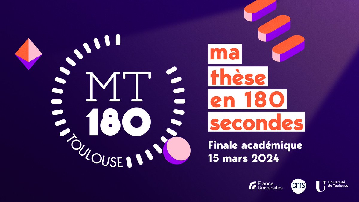 #MT180 🥁 Et nous déclarons la billetterie de la finale académique toulousaine de Ma Thèse en 180 secondes ouverte ! Réservez vos places en ligne ➡️ univ-toulouse.fr/evenements/ma-… RDV le 15 mars, à 18h30, au @TheatreSorano. Événement organisé par @Univ_Toulouse & @CNRS_Toulouse.