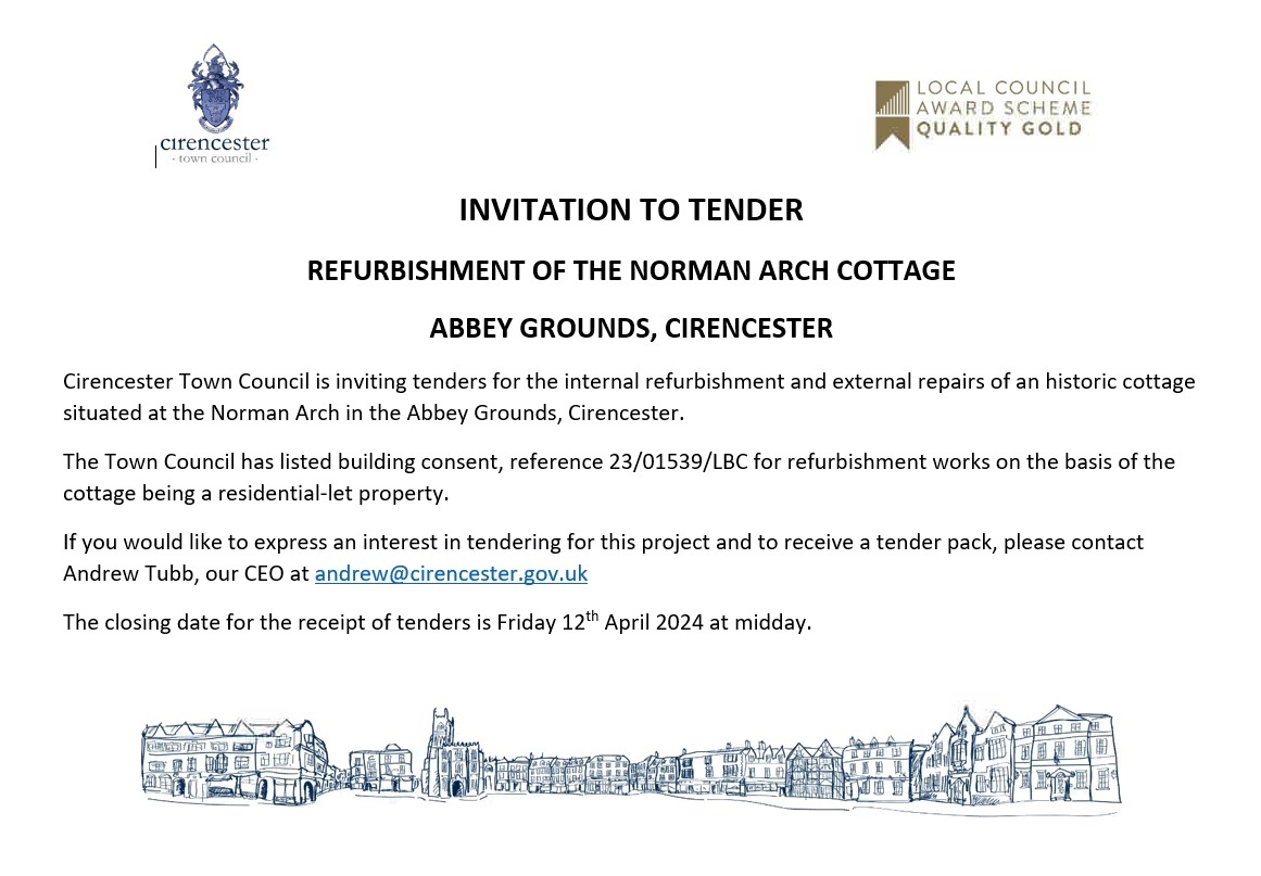 We are inviting tenders for the internal refurbishment and external repairs of an historic cottage situated at the Norman Arch in the Abbey Grounds, Cirencester. The closing date for the receipt of tenders is Friday 12th April 2024 at midday.