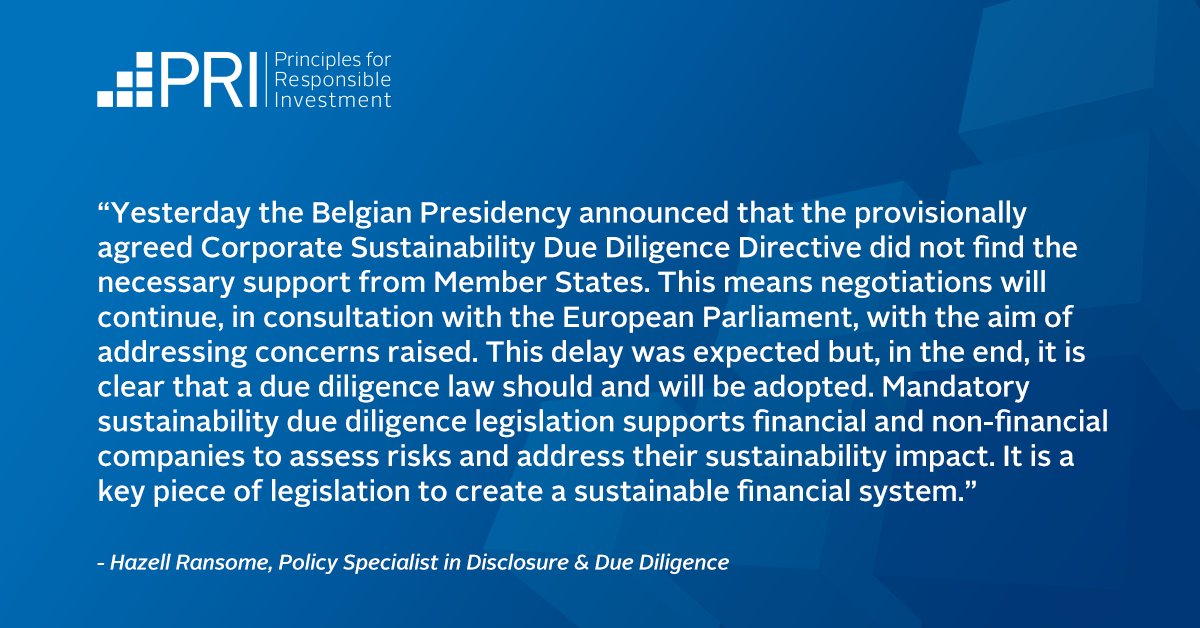 Final approval of the #CSDDD may be delayed but an appropriate agreement can still be reached. Due diligence is a keystone legislation in the sustainable finance framework and we expect EU policy makers to recognise this. @Eurosif @IIGCCnews @InvestForRights @ICCRonline