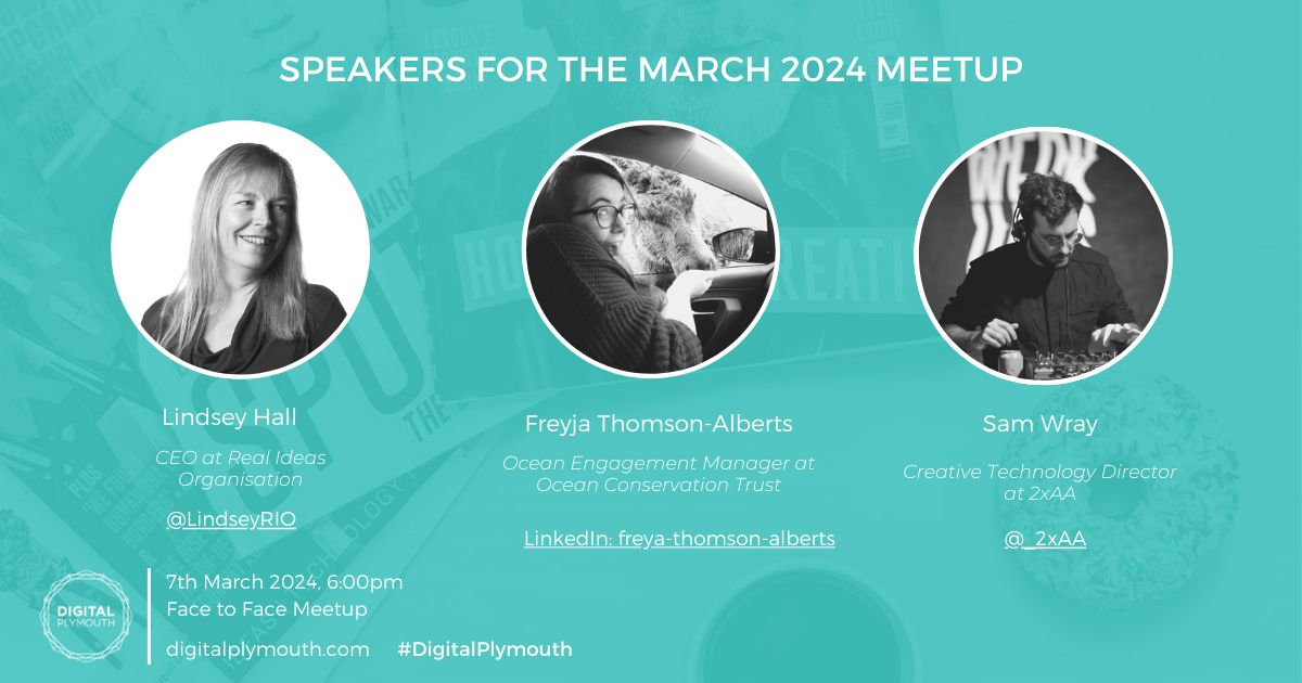 1 week to go! 🗓️ ⏰ The countdown is on. Don't forget to grab your free ticket for the 1st Digital Plymouth meetup of 2024. It's a cracking lineup! Lindsey Hall @LindseyRIO of @realideasorg, Freyja Thomson-Alberts of @OceanCTrust & Sam Wray of @_2xAA. buff.ly/3UMI9zK