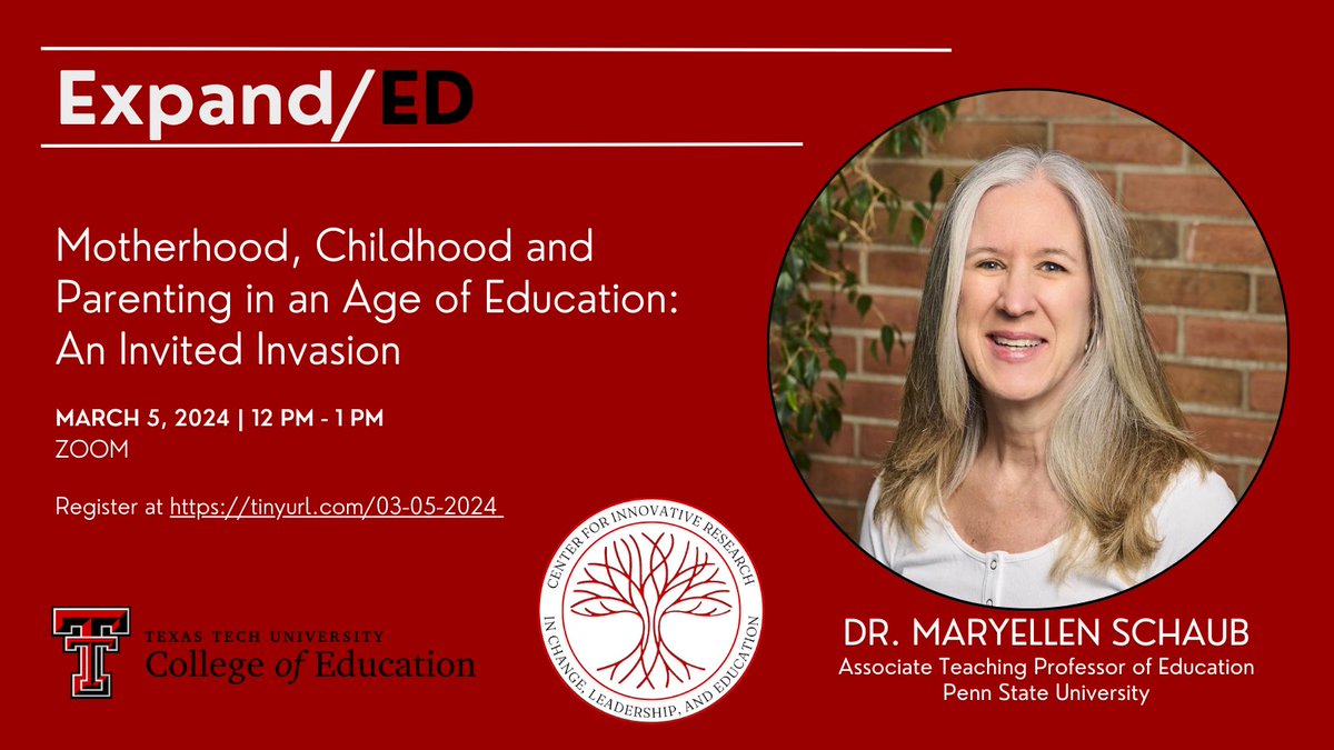 CIRCLE (@circle_ttu) on Twitter photo There’s been a transformation of #motherhood & #childhood as #education, our largest social intervention, grows in institutional strength. JOIN US ONLINE on Tues, March 5 @ 12pm Central for Dr. Maryellen Schaub’s talk! texastech.zoom.us/meeting/regist… <a href="/PSU_CollegeOfEd/">Penn State College of Education</a> <a href="/PSU_EdPolicy/">PSU EdPolicyStudies</a> There’s been a transformation of #motherhood & #childhood as #education, our largest social intervention, grows in institutional strength. JOIN US ONLINE on Tues, March 5 @ 12pm Central for Dr. Maryellen Schaub’s talk! texastech.zoom.us/meeting/regist… <a href="/PSU_CollegeOfEd/">Penn State College of Education</a> <a href="/PSU_EdPolicy/">PSU EdPolicyStudies</a>