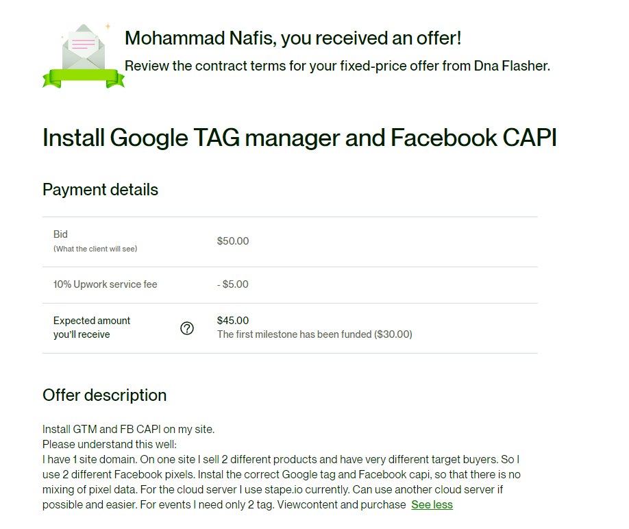 _mohammadnafis's tweet image. Exciting news! Just received an order on @Upwork to install Google Tag Manager and Facebook CAPI for a client's project.🌟Ready to streamline tracking and enhance data insights!🚀
#upwork #googletagmanager #FacebookCAPI #datainsights #clientprojects #webanalytics #pixelsetup