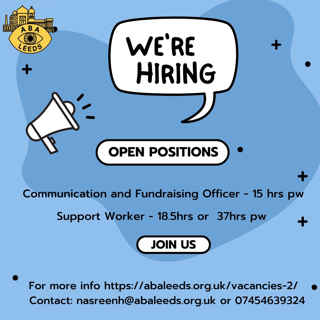 Vacancies Join us at ABA Leeds We're a passionate charity in Leeds, empowering visually impaired individuals through tailored support services. For more info visit our website or contact Nasreenh@abaleeds.org.uk  #SightLossSupport #LeedsCommunity
