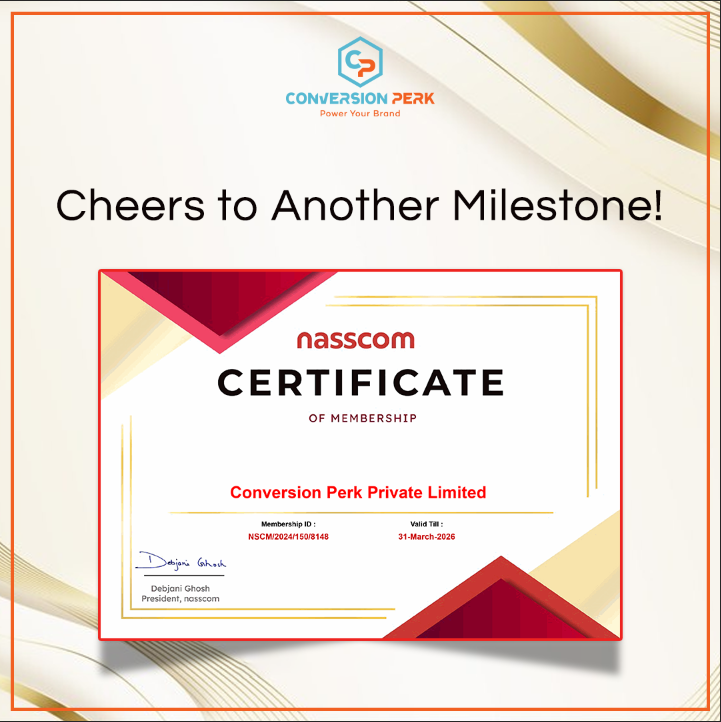 Cheers to another milestone! Thrilled to announce that Conversion Perk is now a proud member of NASSCOM. Huge thanks to our amazing team for making this possible. Let's continue pushing boundaries and achieving greatness together. #MilestoneAchievement #ConversionPerk #NASSCOM