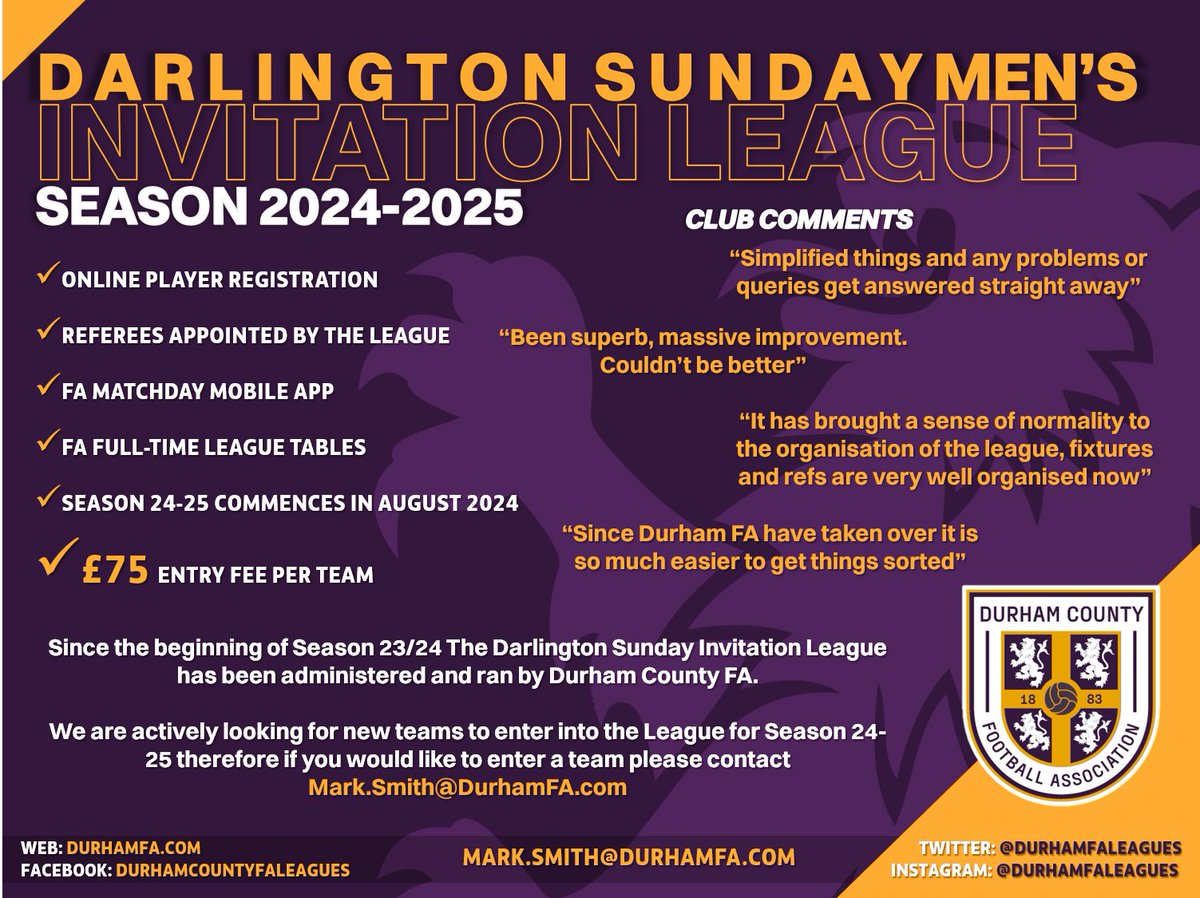 ๐ฟ๐ช๐ง๐๐๐ข ๐๐ผ ๐๐๐๐๐ช๐๐จ โฝ๏ธ (@durhamfaleagues) on Twitter photo ๐| DARLINGTON SUNDAY INVITATION LEAGUE
Since the beginning of Season 23/24 The DSIL has been administered and ran by <a href="/DurhamFA/">๐๐๐ฟ๐ต๐ฎ๐บ ๐๐ผ๐๐ป๐๐ ๐๐ โฝ๏ธ</a>
We are actively looking for new teams to enter for Season 24-25 therefore if you would like to enter a team please contact Mark.Smith@DurhamFA.com ๐| DARLINGTON SUNDAY INVITATION LEAGUE
Since the beginning of Season 23/24 The DSIL has been administered and ran by <a href="/DurhamFA/">๐๐๐ฟ๐ต๐ฎ๐บ ๐๐ผ๐๐ป๐๐ ๐๐ โฝ๏ธ</a>
We are actively looking for new teams to enter for Season 24-25 therefore if you would like to enter a team please contact Mark.Smith@DurhamFA.com