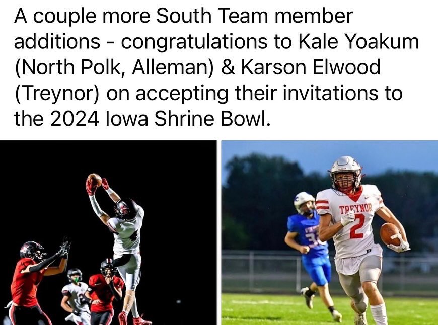 What an honor for @kyoakum17 to play in July’s <a href="/iowashrinebowl/">Iowa Shrine Bowl</a>! Last night’s recognition dinner highlighted how it’s truly an opportunity to be the good in the world. He, <a href="/bradyn_cory/">Bradyn Cory</a> &amp; <a href="/CoachTebrink/">Coach TeBrink</a> will support  a bigger cause of impacting childrens’ lives  @shrinershospitals.