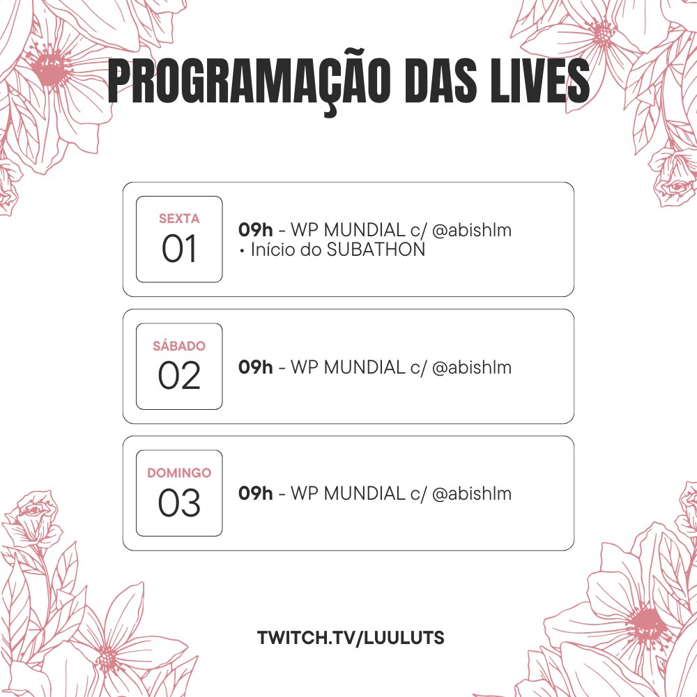 luuluts's tweet image. PROGRAMAÇÃO DAS LIVES PRA ESSE FINAL DE SEMANA ♥

Amanhã inicia as WP do mundial e estarei na cia da maravilhosa @_ahbiga ♥

E TEREMOS SUBATHON! 
• SUB T1 - 2min      • 100 BITS - 5min
• SUB T2 - 5min     • 1 real - 5min
• SUB T3 - 10min

Espero vocês ♥
#mundialTFT