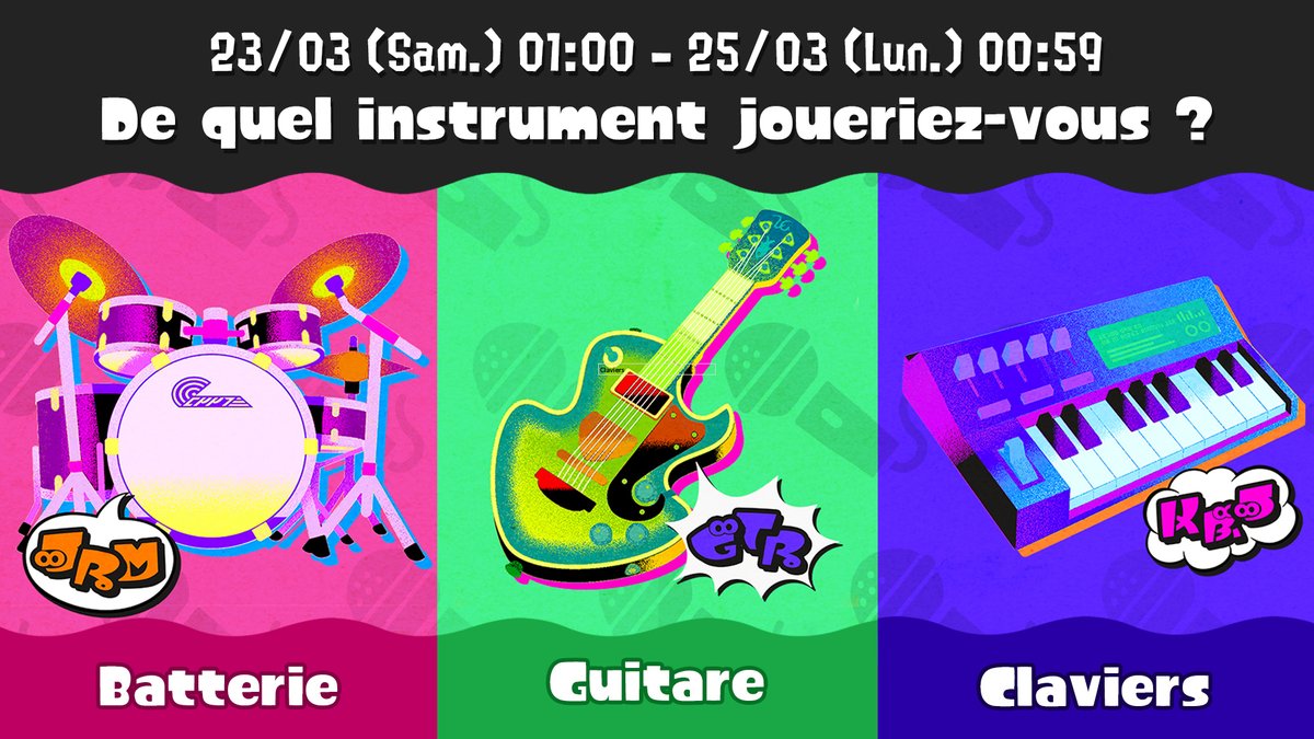 Splatoon_FRA's tweet photo. Le prochain festival de #Splatoon3 viendra mettre l'ambiance à Cité-Clabousse et Chromapolis à partir du 23/03 !
Le thème sera « De quel instrument joueriez-vous ? » https://t.co/CTIzaSVRzI